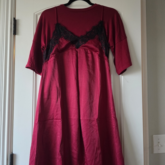 NWT English Factory Red Slip Layered T-shirt Midi Dress XS Oversized Black Lace - Picture 11 of 16